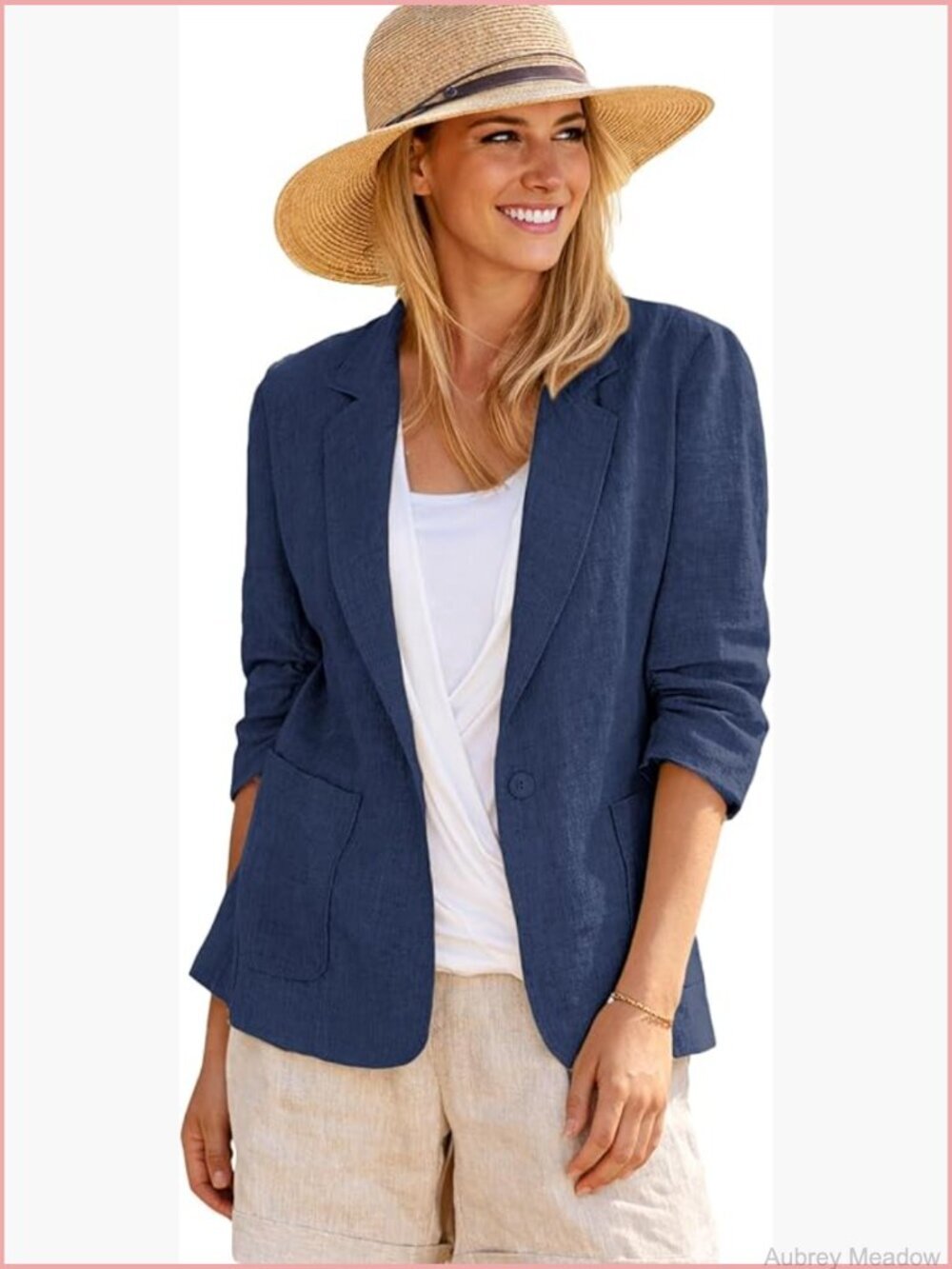 Women's Linen Blend Blazer Jacket Lightweight Breathable 3/4 Sleeve Casual Work